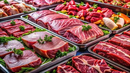 Close-Up Butcher Shop Meat Trays - Raw Beef, Pork, Lamb Photography