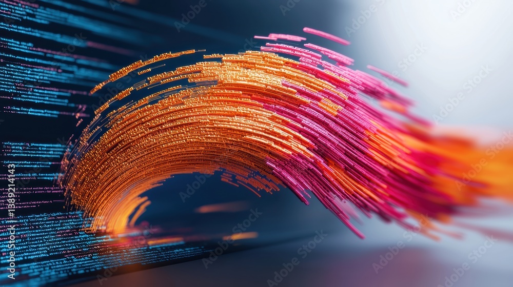 Poster A vibrant wave of colorful data flows dynamically, representing modern technology and innovation in a captivating digital landscape.