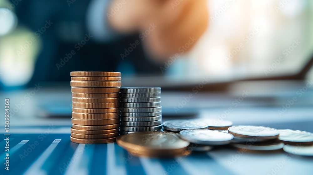 Leinwandbilder Stacks of Coins with a Blurred Background Symbolizing Financial Stability and Growth : Generative AI