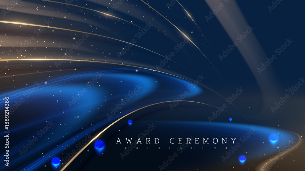 Wall mural blue luxury background with effect glowing with bokeh and golden curves, this elegant backdrop desig