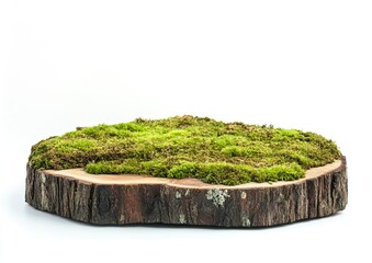 Moss-covered wooden podium for product display presentation with copy space, isolated on a white background. Green nature pedestal mock-up, stand, or platform studio set for beauty cosmetic advertisin