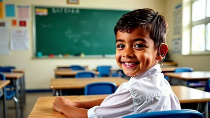 Attentive Boy with Hearing Aid Smiles in Modern Classroom – Inclusive Education Concept - Powered by Adobe