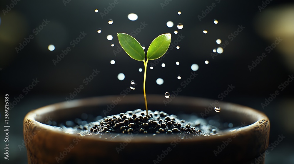 Poster vibrant sprout emerging from soil with droplets of water showcasing growth and vitality : generative