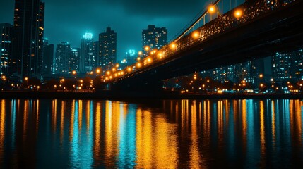 Night Cityscape with Illuminated Bridge Reflecting on Water at Twilight