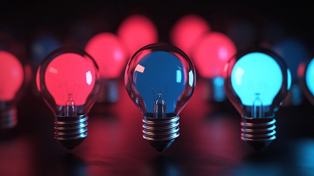 Close up of illuminated light bulbs in red and blue with a dark blurred background showing depth