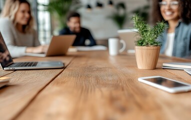 Diverse team in modern office with laptops and coffee on wooden table