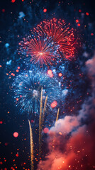 Vibrant red and blue fireworks exploding in night sky
