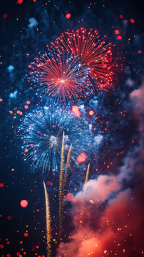 Vibrant red and blue fireworks exploding in night sky