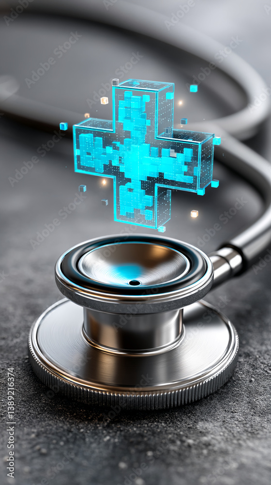 Poster close-up of metallic stethoscope with a digital cross symbol hovering above, representing modern hea