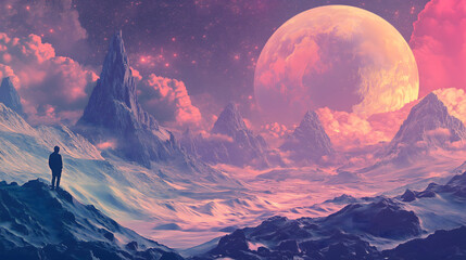 Futuristic Alien Mountain Landscape with Giant Planet
