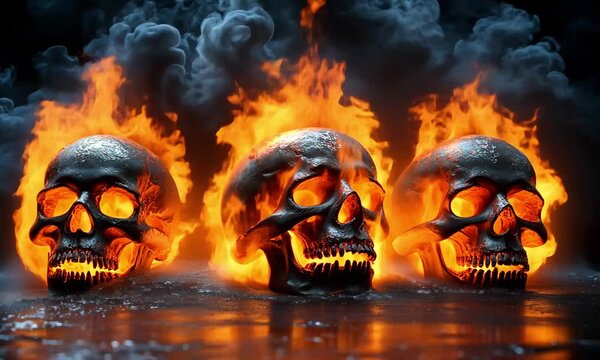Three Flaming Skulls with Dark Smoke