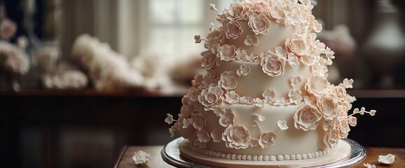 Elegant tiered wedding cake adorned with delicate flowers