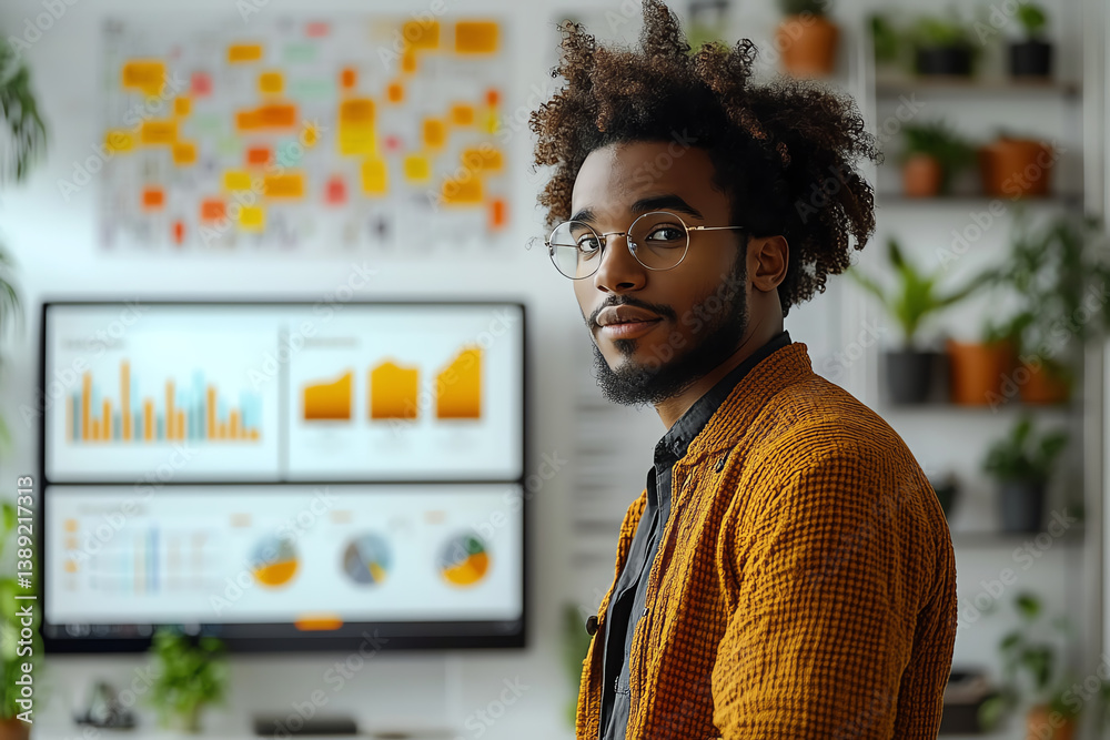 Poster a young professional with glasses stands beside a display showcasing vibrant data visualizations and