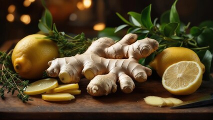 Fresh ginger, lemons, and herbs arranged on a wooden surface in a cozy kitchen setting