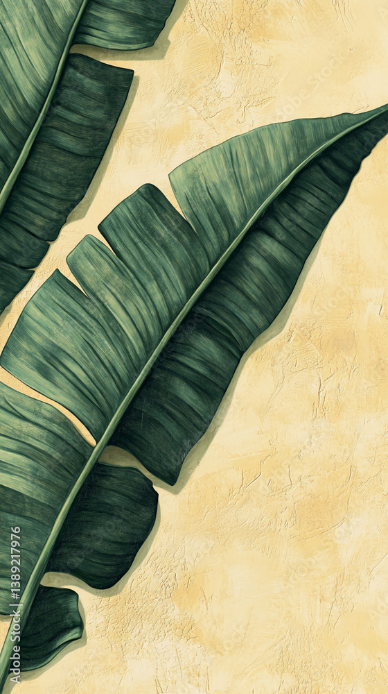 Aufkleber two large green banana leaves on a textured beige background, creating a tropical, summery aesthetic