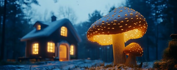 Glowing mushroom in a magical forest in front of a cottage, fantasy scene, suitable for fairy tale and adventure