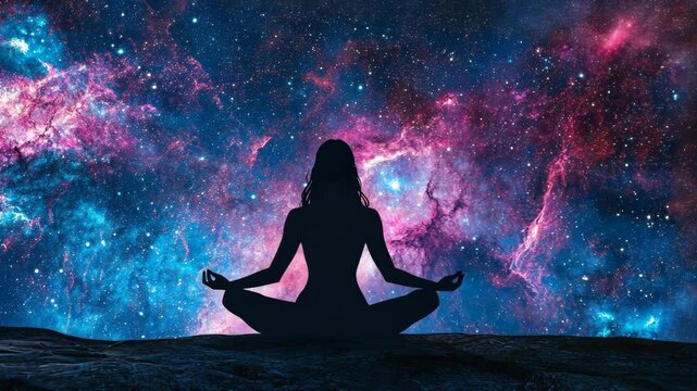 Silhouette of a woman meditating with the galaxy as a backdrop. Serene and calming, spiritual wellness, yoga position, zen meditation.