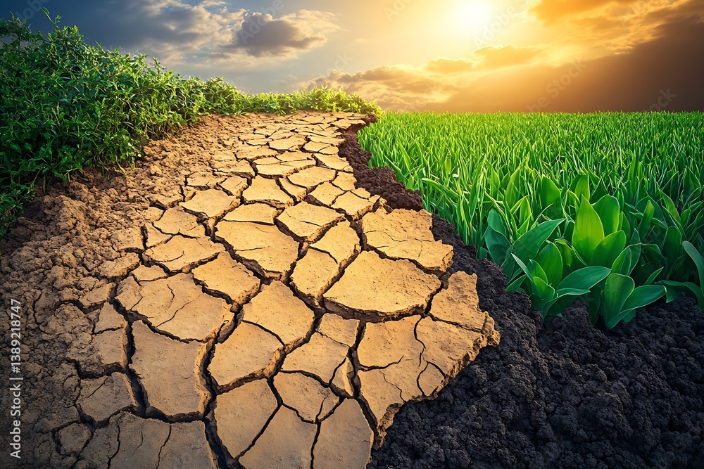 Poster dramatic scene of cracked soil next to lush green fields at sunset with clouds above : generative ai