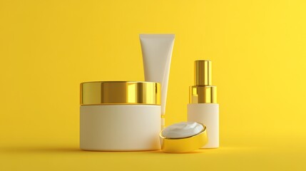 Cosmetic product display, studio shot, on yellow background, for packaging design