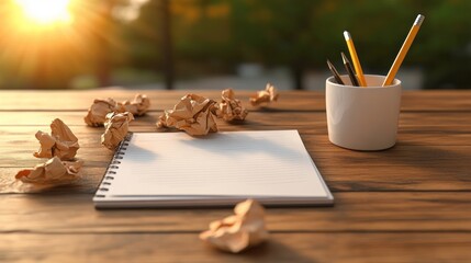 Blank notebook, crumpled papers, writing utensils