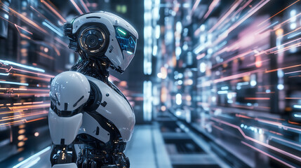 Fototapeta premium Futuristic Robot in Speeding Data Tunnel