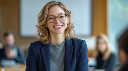 Fototapeta premium A woman in a blue blazer smiling in an office setting.