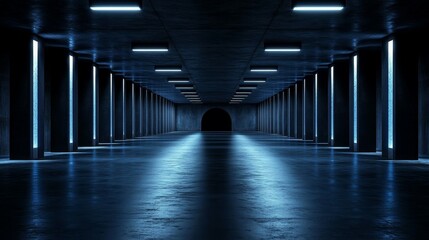 Modern 3D Rendering of an Expansive Dark Industrial Hangar with Blue Glowing Spotlights and Concrete Columns in an Empty Warehouse Corridor