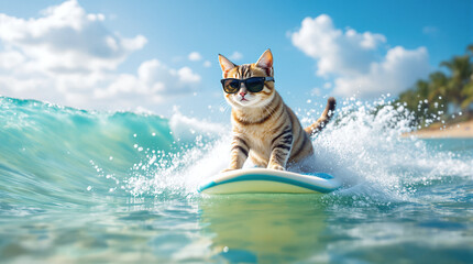 A cheerful cat in sunglasses surfs on a board on the sea waves. Ideal for summer advertising, banners and active recreation themes