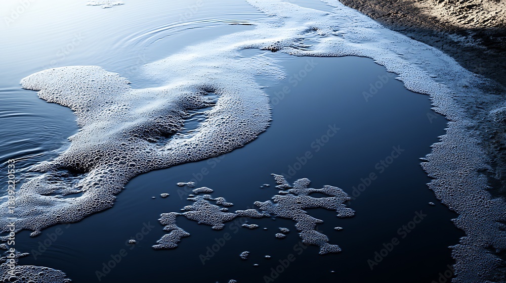 Poster Close Up View of Bubbles in Calm Water with Soft Ripples and Shoreline Texture : Generative AI