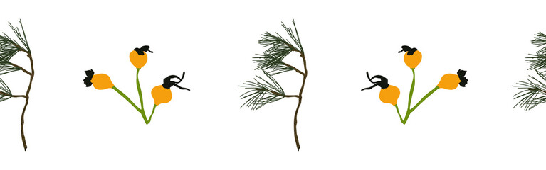 Border leaves and berries on a white background. Hand-drawn illustration. Perfect for spring and summer.	