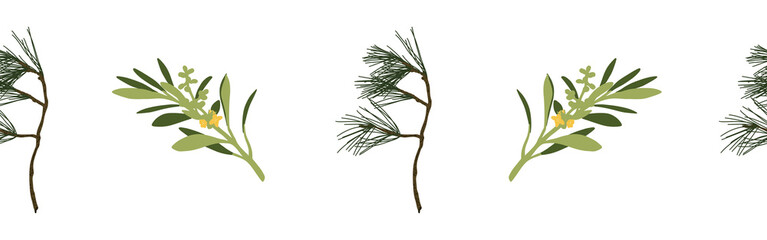 Leaves and branch border on a white background. Hand-drawn illustration. Perfect for spring and summer.