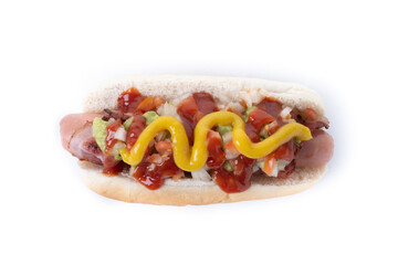 Sonoran hot dog. Traditional Mexican hot dog isolated on white background. Top view