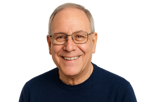 Joyful older man wearing glasses, Happy senior adult, isolated on transparent background