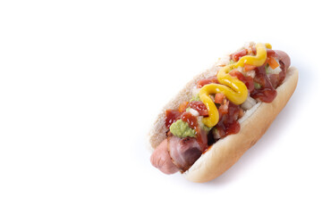 Sonoran hot dog. Traditional Mexican hot dog isolated on white background. Copy space