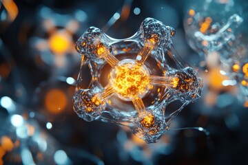 Detailed view of adeno-associated virus revealing intricate capsid proteins and glowing molecular bonds in cellular fluid