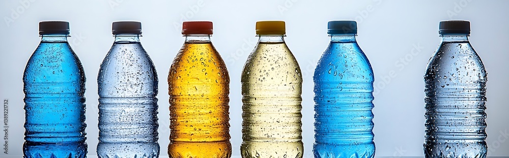 Poster Neatly arranged water bottles featuring vibrant colors and condensation on a light background : Generative AI