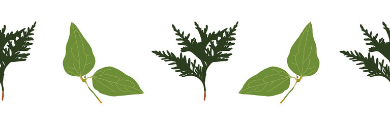 Leaves border on a white background. Hand-drawn illustration. Perfect for spring and summer.