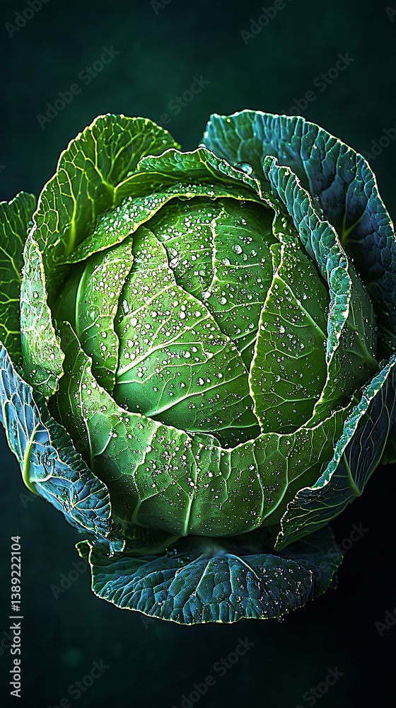 Poster Lush green cabbage with intricate leaves and droplets showcasing freshness and quality against a dark backdrop : Generative AI