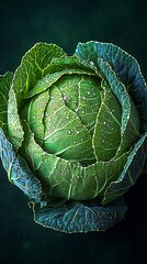 Obraz premium Lush green cabbage with intricate leaves and droplets showcasing freshness and quality against a dark backdrop : Generative AI