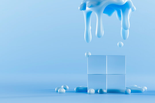 Abstract blue liquid splash over a geometric cube in a minimalist setting