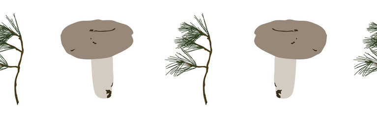 Green leaves and mushrooms border on a white background. Hand-drawn illustration. Perfect for spring and summer.	