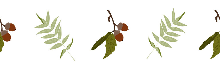 Border leaves and nuts on a white background. Hand-drawn illustration. Perfect for spring and summer.