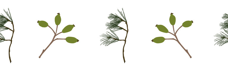 Border leaves and berries on a white background. Hand-drawn illustration. Perfect for spring and summer.	