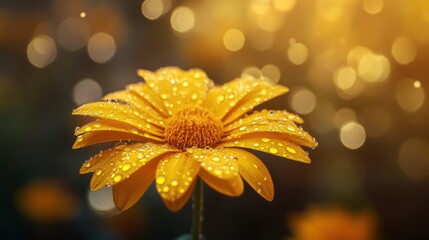 A vibrant yellow flower is covered in small glistening water drops