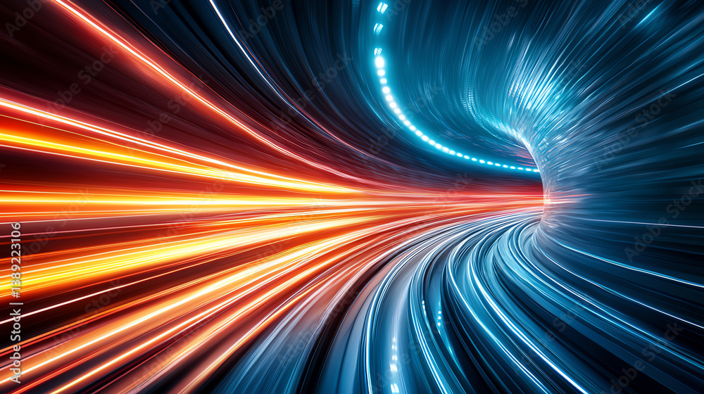 Fototapete Abstract representation of motion and speed with vibrant light trails, symbolizing advanced technology and innovation.