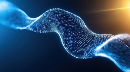 Abstract wave of particles in blue and orange colors representing digital data flow and technology innovation.
