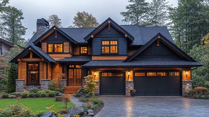Old wood cottage residence with brick details and many windows in a tree-filled nature setting