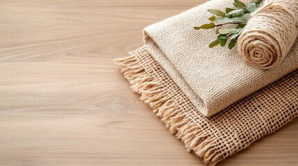 Beige blankets on a light wooden surface