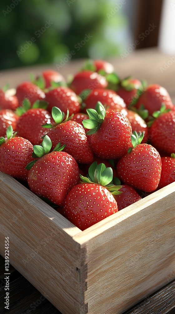 Poster bountiful fresh strawberries overflowing from a rustic wooden container showcasing summer's flavorfu