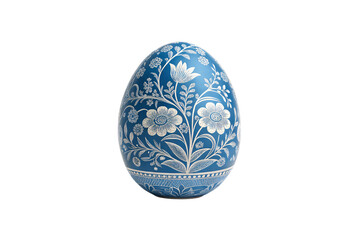 Easter blue egg with intricate white floral illustrations covering its entire surface, elegantly detailed and symmetrical, isolated on a transparent background